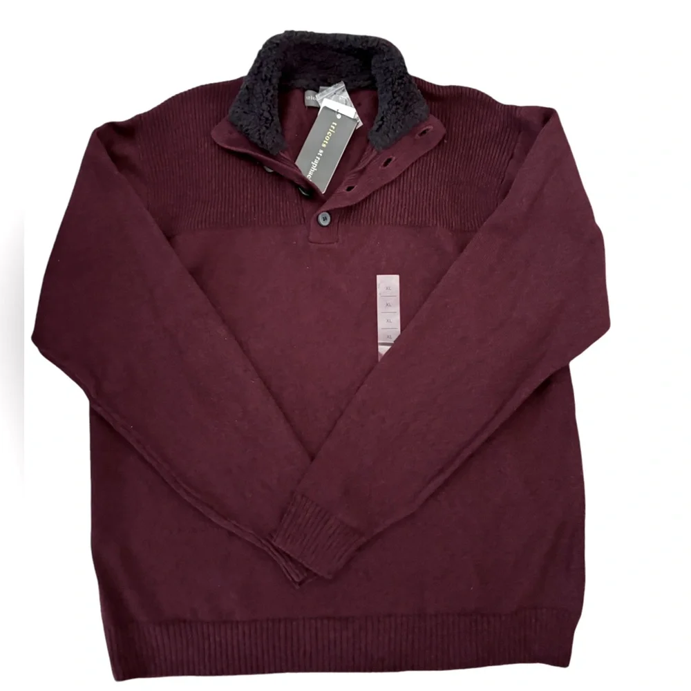 Tricots St. Raphael Mens Burgundy Ribbed Henley Knit Cotton Sweater Size XL
